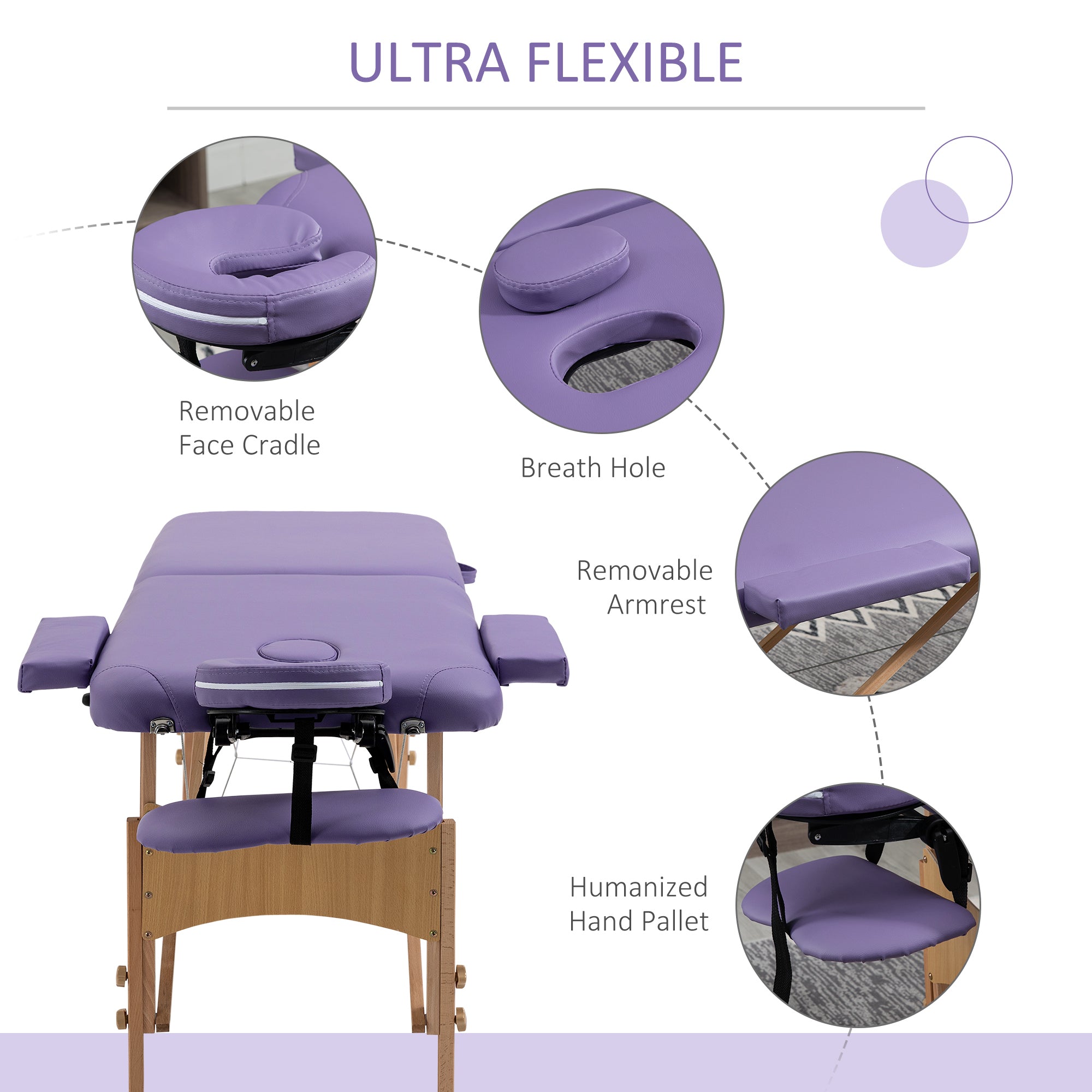 HOMCOM Portable Massage Table 72 Inch Adjustable Spa Bed Foldable Facial Couch with Carry Case Purple