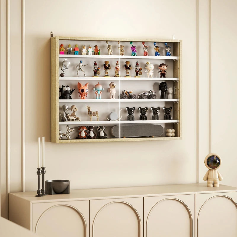 5-Tier Display Cabinet, Shot Glass Display Case, Glass Curio Cabinet with 2 Glass Doors and 4 Adjustable Shelves, Oak
