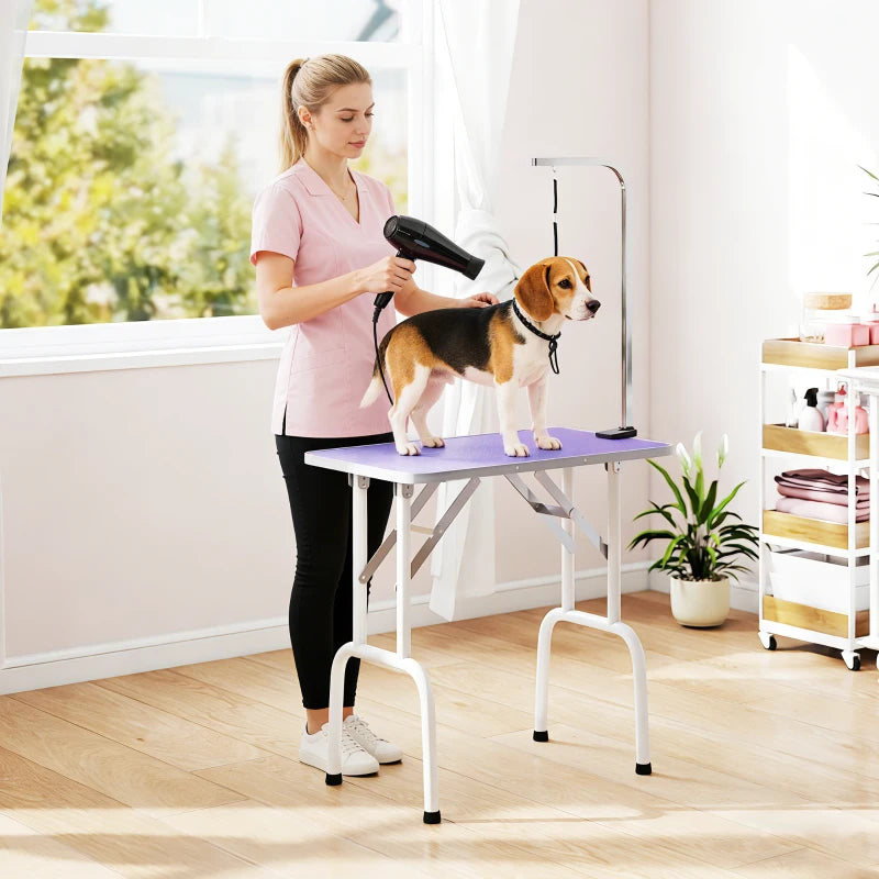 Foldable Pet Grooming Table for Dogs Cats with Adjustable Arm, Non-slip Surface, Purple