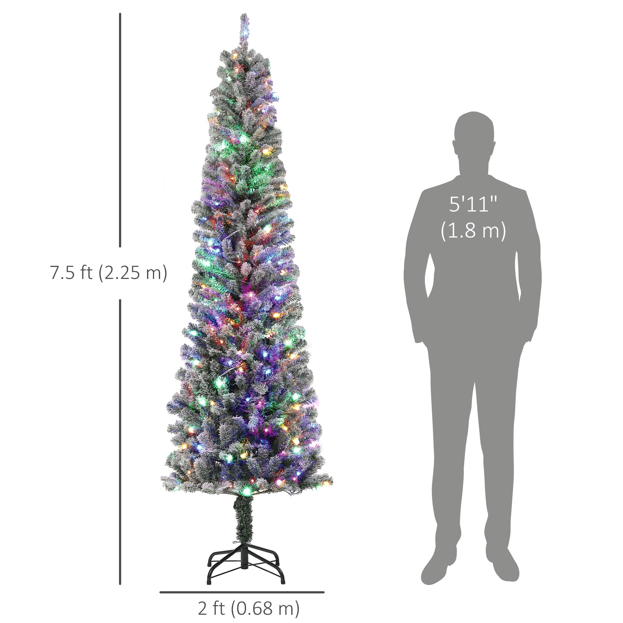 HOMCOM 7.5ft Prelit Pencil Artificial Christmas Tree, Flocked Xmas Tree with Dual Colour LED Lights, 519 Tips and Metal Stand