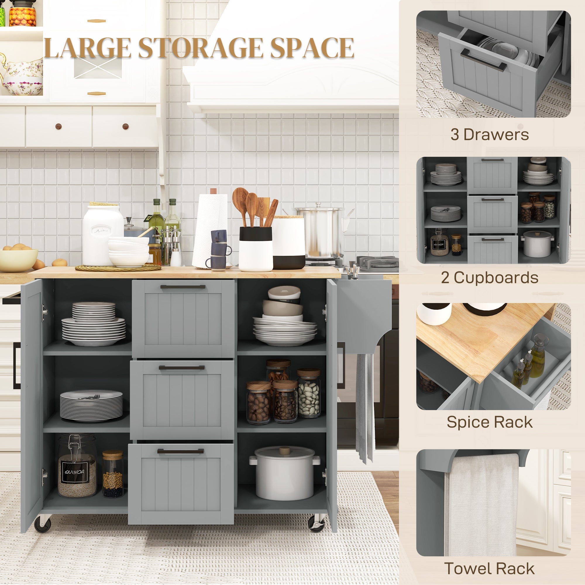 HOMCOM Rolling Kitchen Cart on Wheels with Drop Leaf, Kitchen Island with 3 Drawers, Solid Wood Top and Towel Rack, Grey