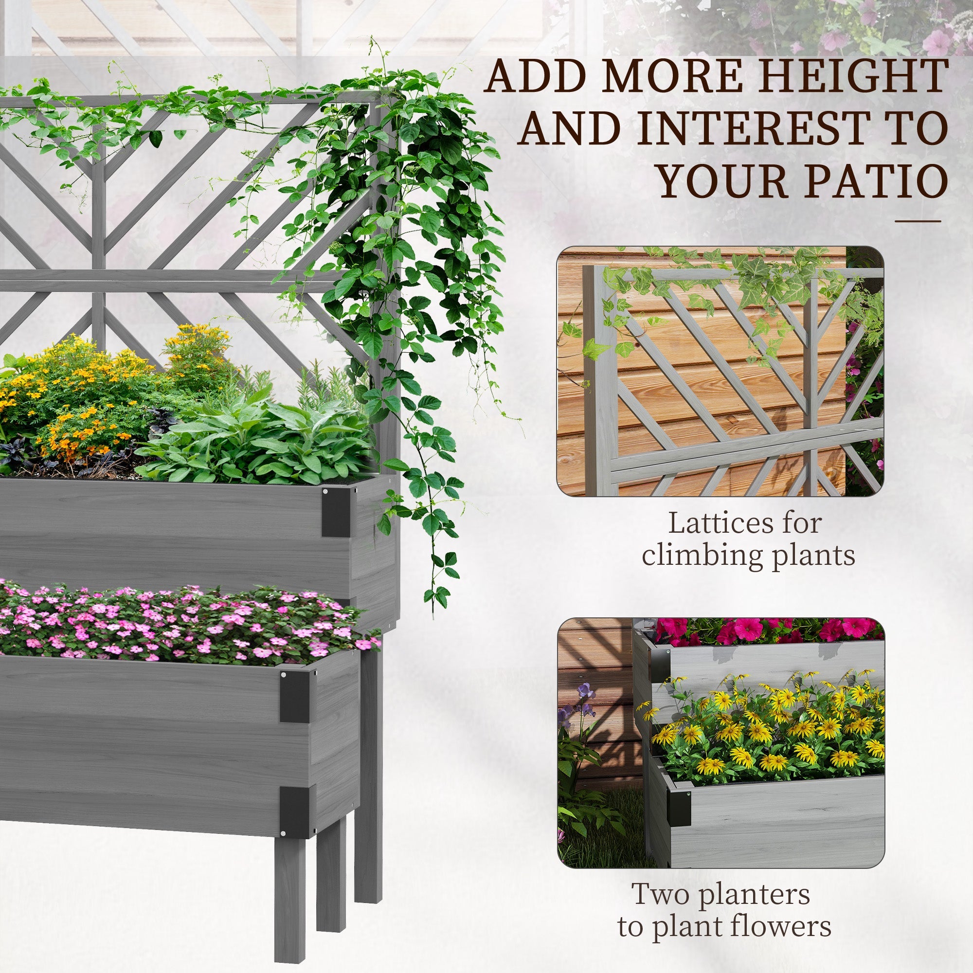 Outsunny Raised Garden Bed with Trellis, 2 Tier Wooden Elevated Planter Box for Vegetables, Flowers, Herbs, Grey
