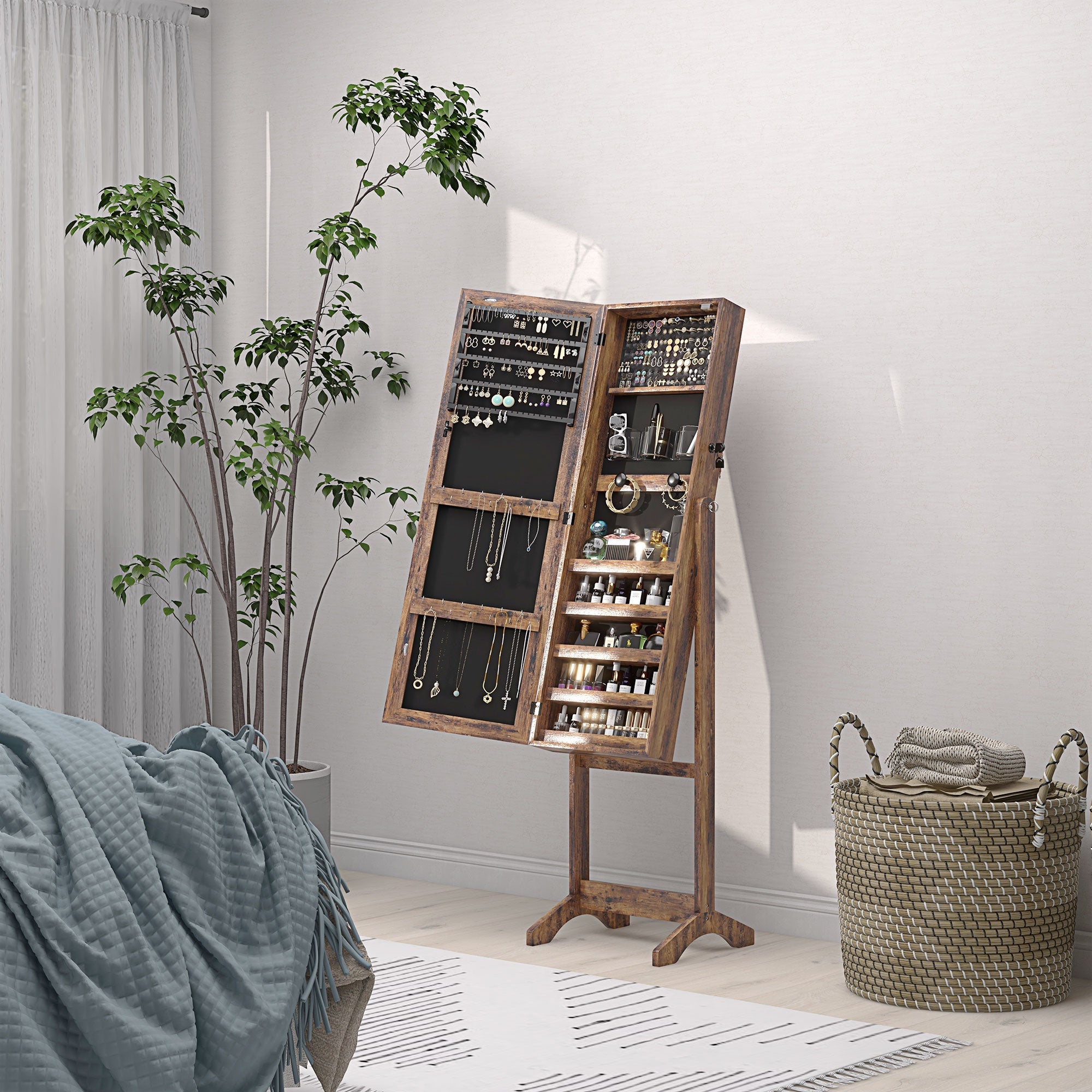 HOMCOM Lockable Jewelry Armoire with LED Light Standing Mirror with Storage for Bedroom Dressing Room Rustic Brown