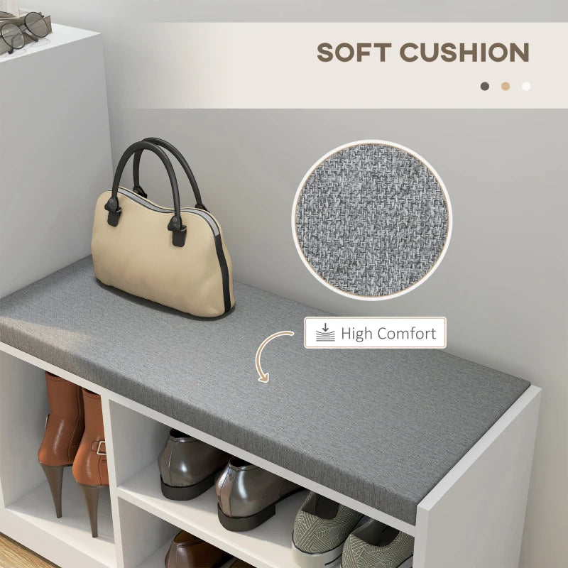 Upholstered Shoe Storage Bench w/ Seat, Entrance Bench w/ Drawer and 6 Open Shelves for Hallway, White