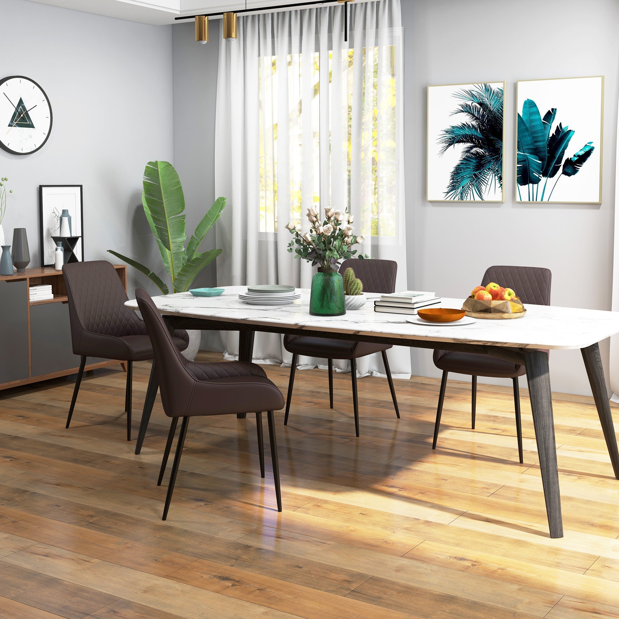 HOMCOM Contemporary Dining Chairs Set of 4 Brown PU Leather Metal Legs for Dining Room Living Area