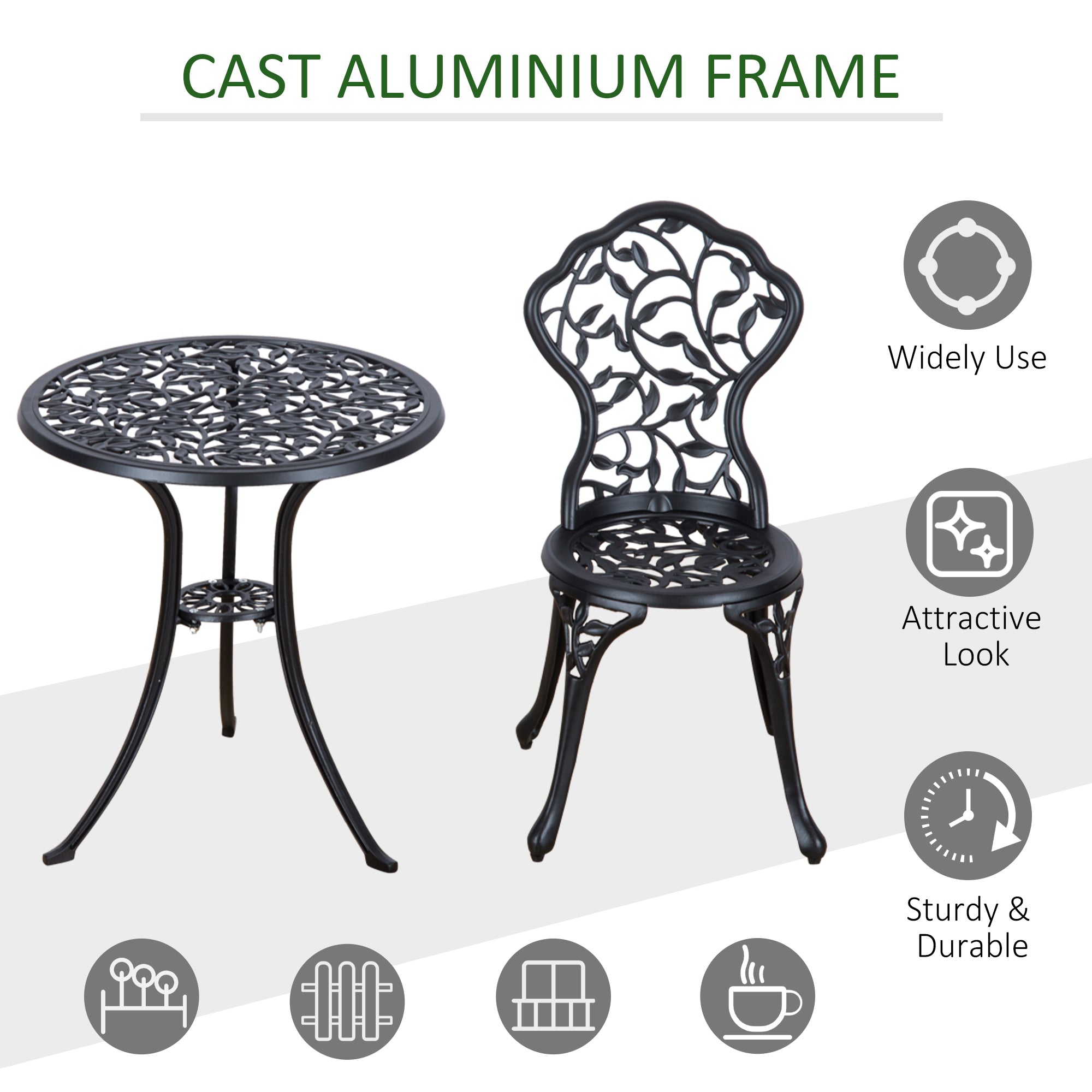 Outsunny 3pcs Patio Bistro Set with Umbrella Hole, Antique Style Garden Coffee Set, Outdoor Bistro Dining Set - Black