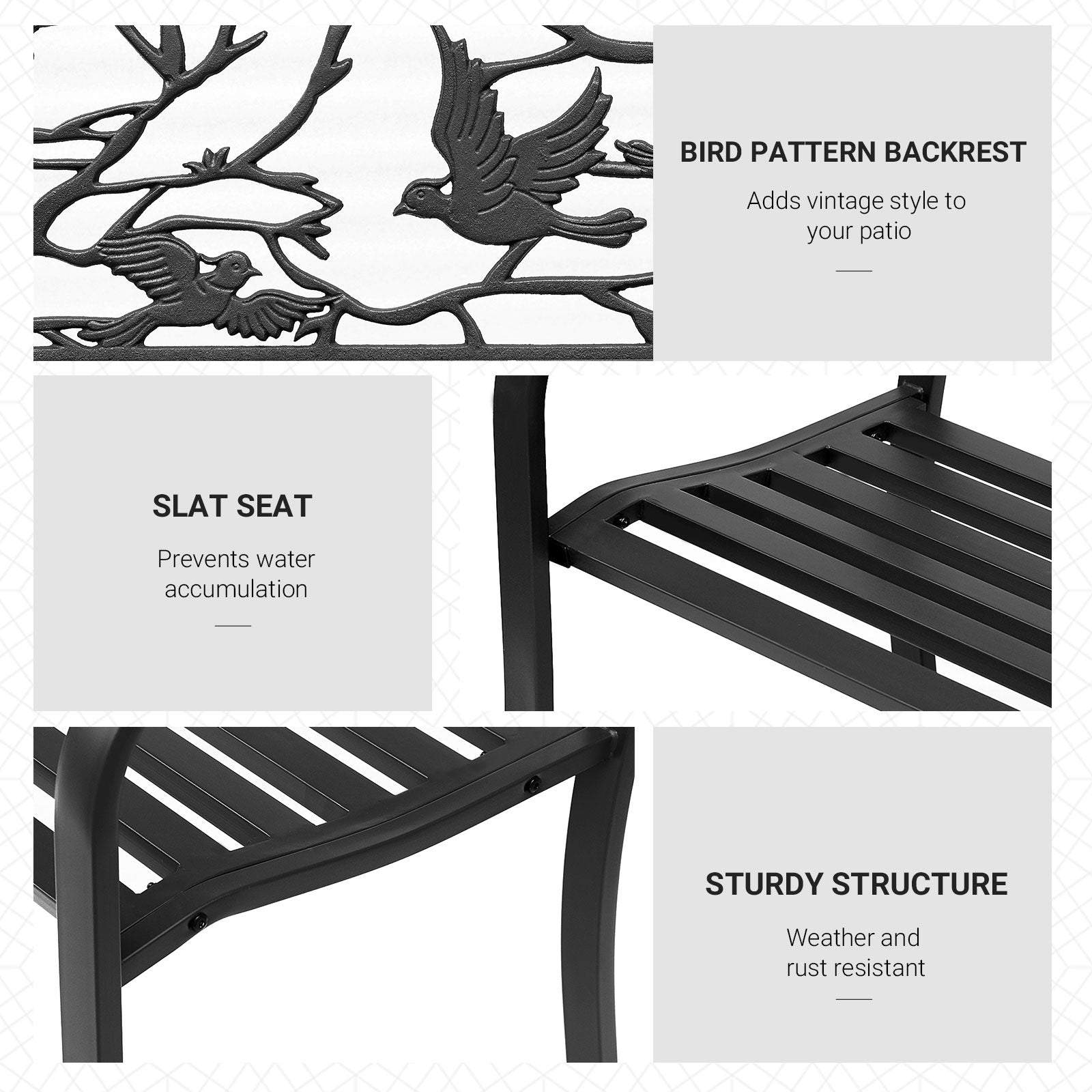 Outsunny Vintage Garden Bench Outdoor Loveseat Bird Pattern Durable Black Seating