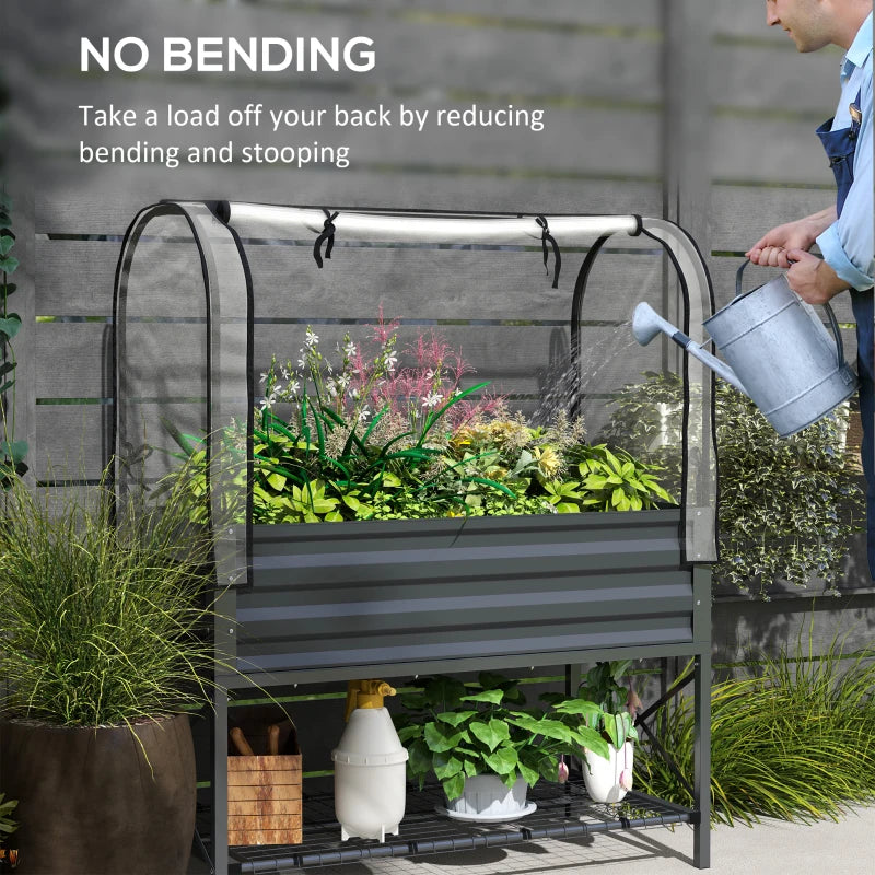 Raised Garden Bed with Cover, Metal Elevated Planter Box with Bottom Shelf and Liner, Dark Grey