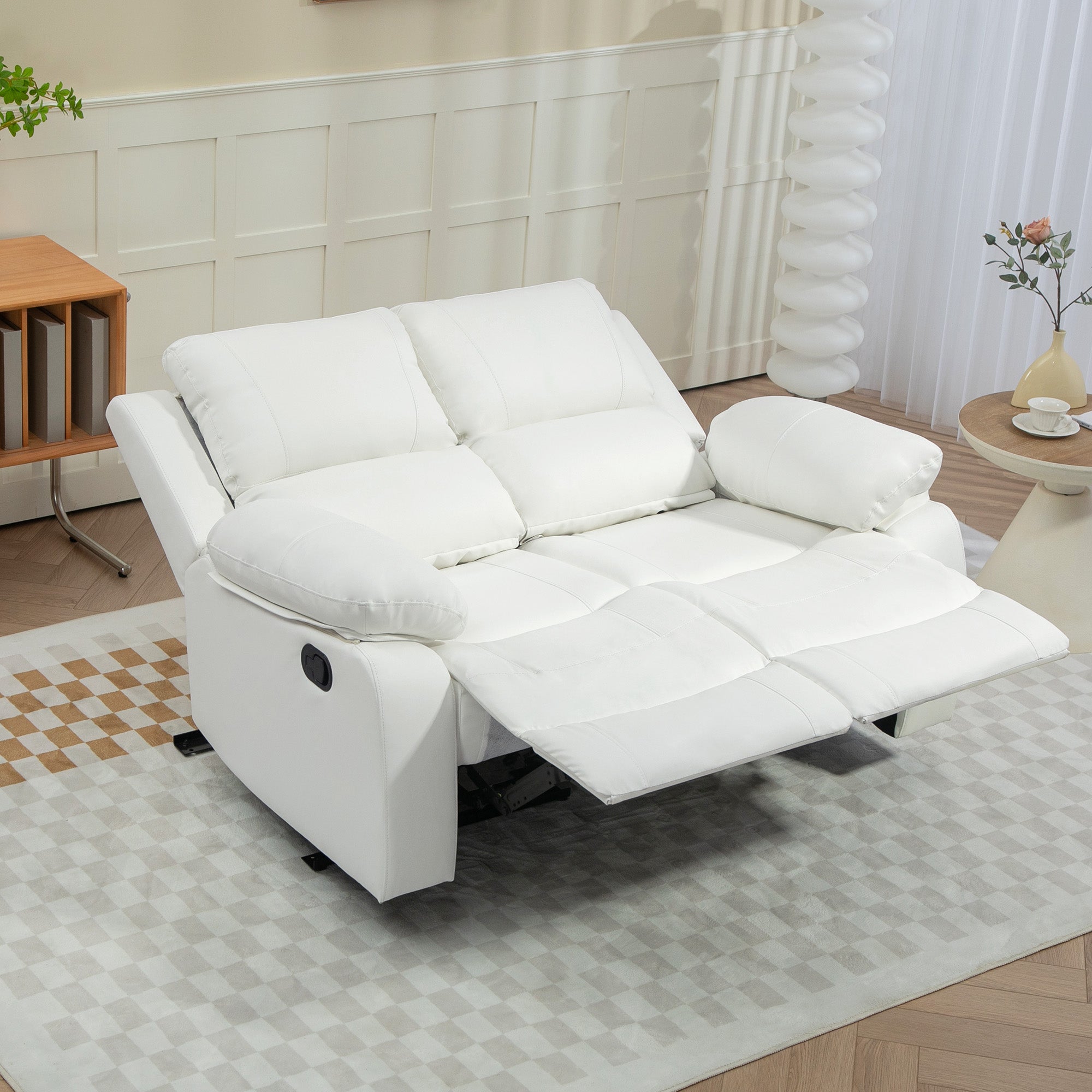 HOMCOM PU Leather Manual Recliner Sofa, Double Reclining Loveseat with Pullback Control Footrest for Living Room, White