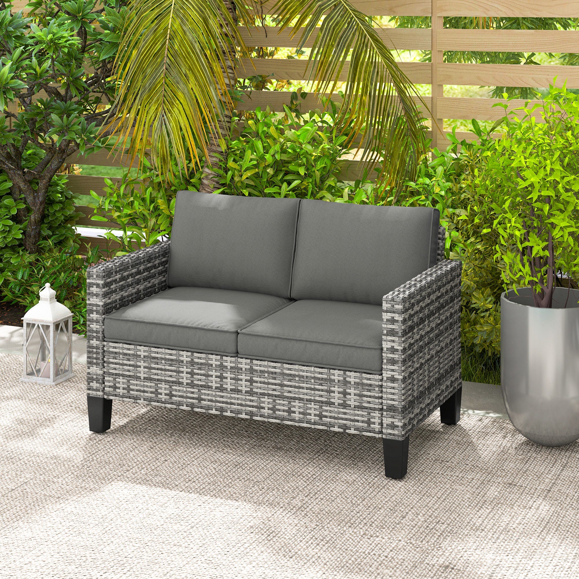 Outsunny 2 Seater Rattan Outdoor Sofa, Patio Couch Loveseat with Cushions and Armrests for Garden, Balcony, Dark Grey