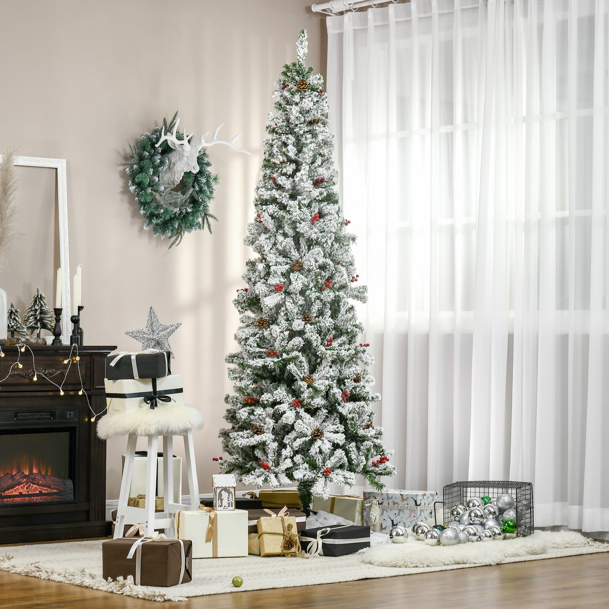 HOMCOM 7.5 Foot Pencil Snow Flocked Artificial Christmas Tree with 950 Pine Realistic Branches, Pine Cones, Red Berries, Auto Open