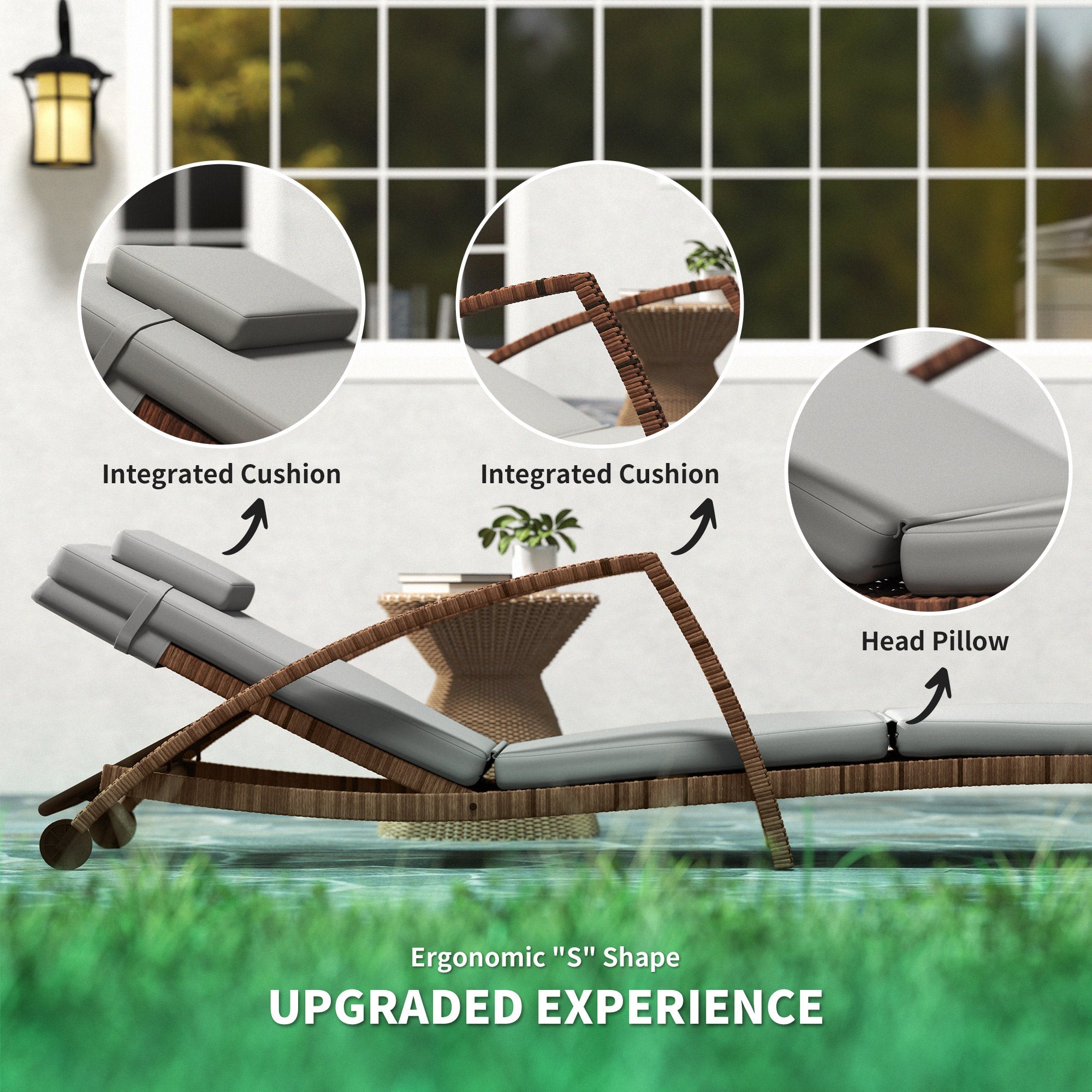 Outsunny Set of 2 Wicker Chaise Lounge Chair Outdoor Patio Lounger with 5 Adjustable Back, Wheels, Cushion and Armrests, Grey