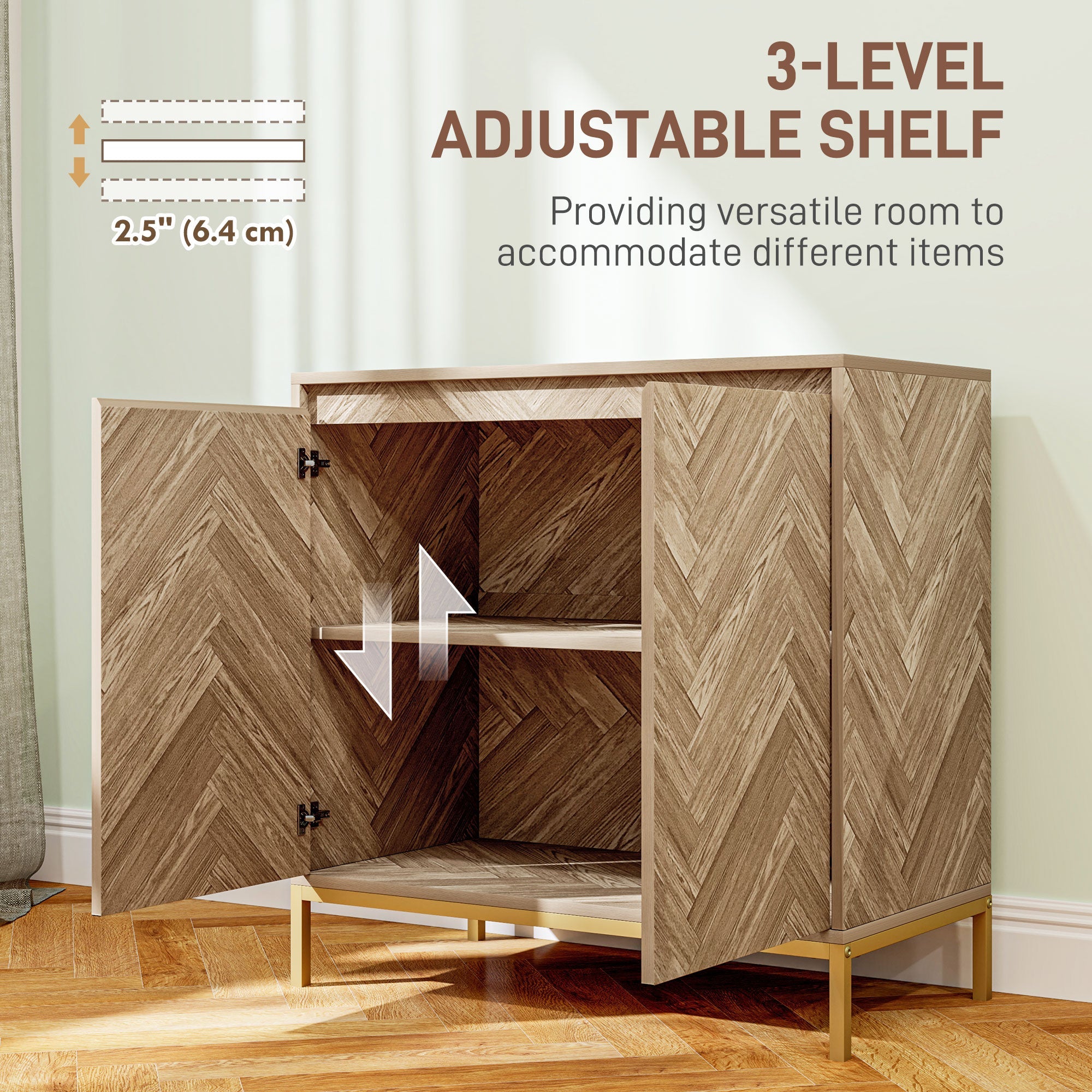 HOMCOM Accent Cabinet, Storage Cabinet with Doors, Adjustable Shelf and Steel Legs, Sideboard for Living Room, Oak