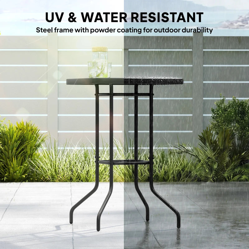 Outdoor Bar Table with Umbrella Hole, 41.3" Bar Height Patio Table with Glass Top and Metal Frame, Black