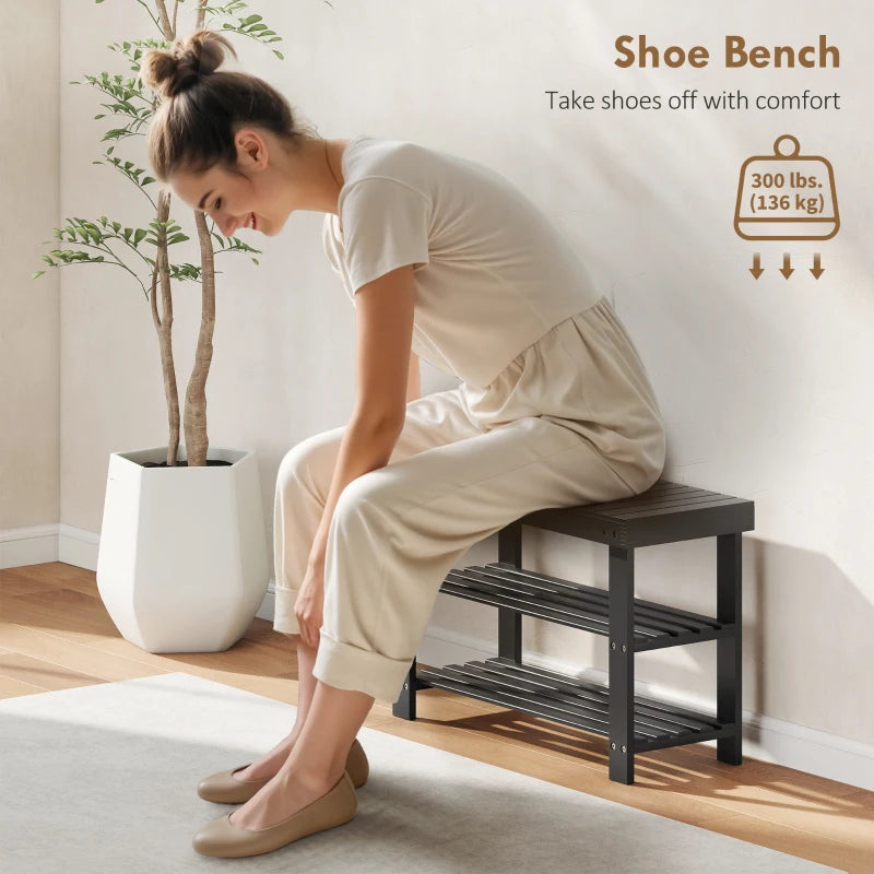 Bamboo Shoe Storage Bench, 3-Tier Entryway Bench with 2 Storage Shelves for Hallway, Holds 6 Pairs, Black