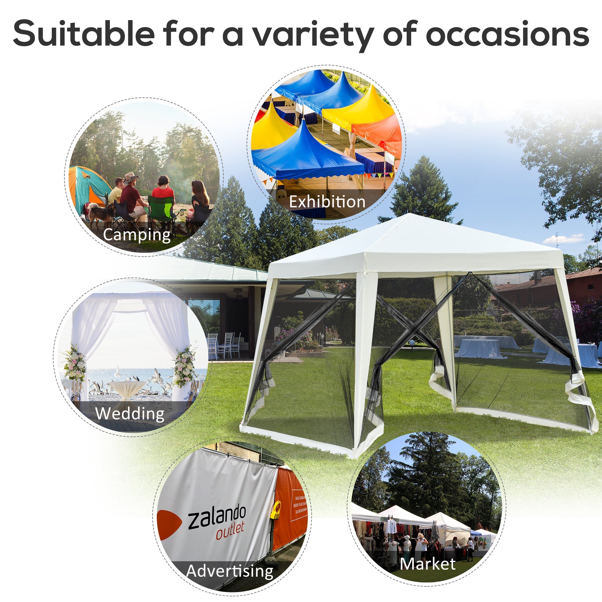 Outsunny 10x10ft Beige Party Tent with Netting - Outdoor Patio Canopy Gazebo for Sun Shade and Garden Shelter