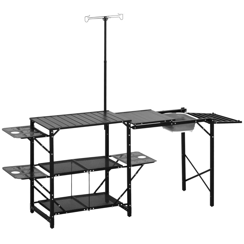 Folding Camping Kitchen, Portable Aluminum Cook Station with Carrying Bag, 3 Side Tables, 2 Shelves for BBQ, Black