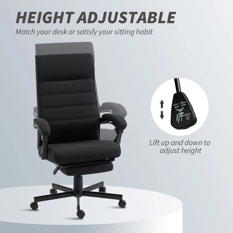 Office Chair, Linen High Back Desk Chair, Swivel Recliner with Adjustable Height, Footrest and Padded Armrest, Black