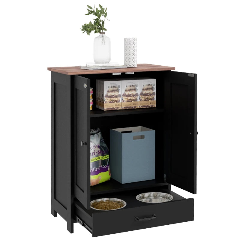 Pet Food Storage Container Dog Feeding Station w/ Adjustable Panel, Hooks, for Medium Sized Dogs, Black
