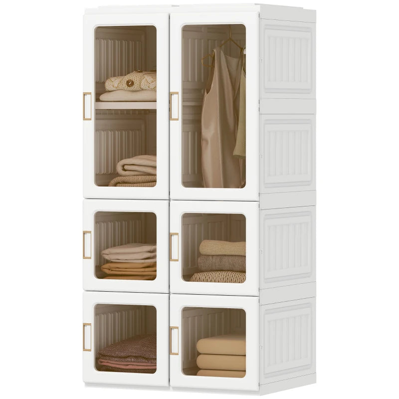 Portable Wardrobe, Foldable Plastic Closet with 5 Compartments, Hanging Rod and Magnetic Doors, White