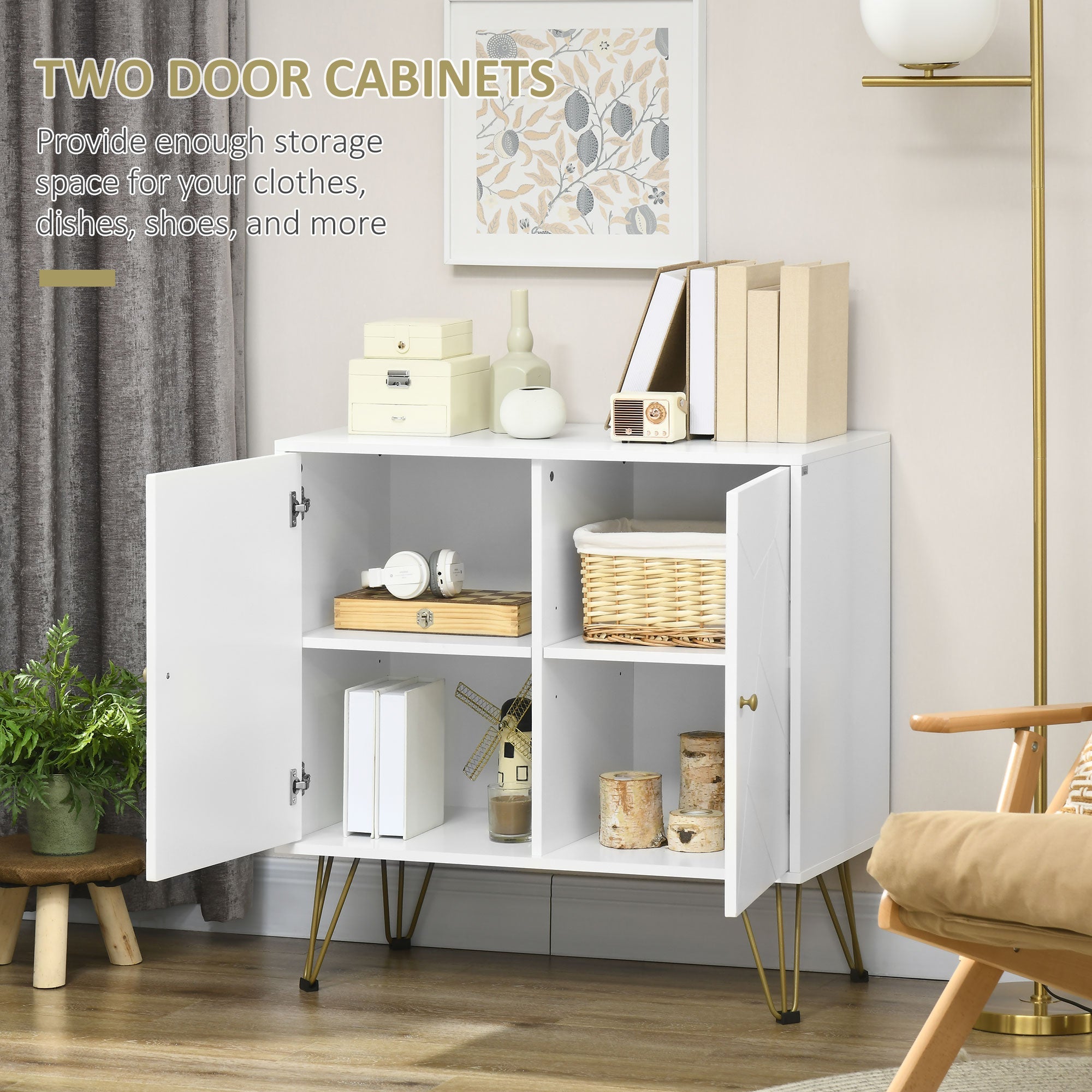 HOMCOM Chic Storage Sanctuary: White Cabinet with Golden Hairpin Legs, Freestanding Cupboard, Adjustable Shelves
