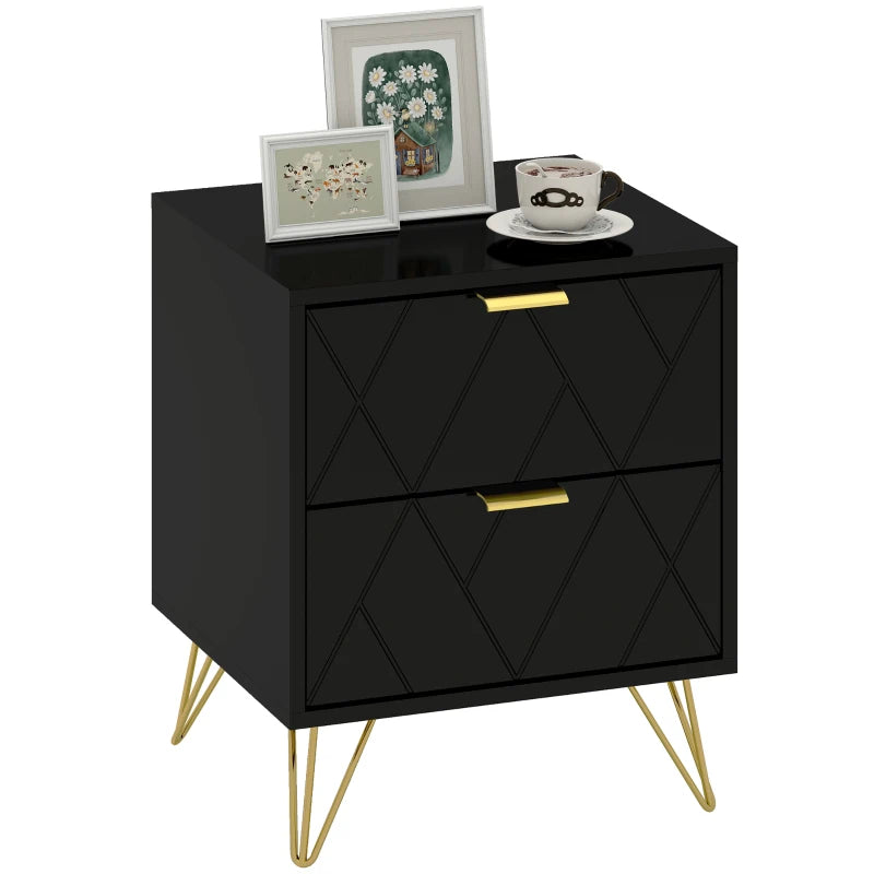 Modern Bedside Table, Accent Nightstand with 2 Drawers, Bed End Table for Bedroom, Black