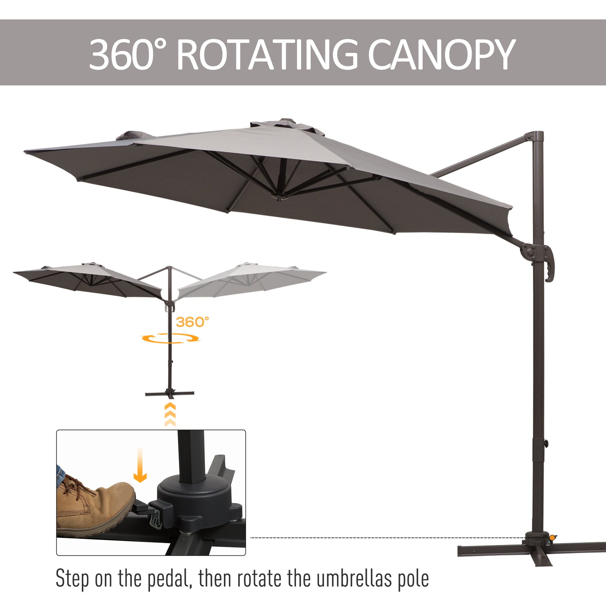 Outsunny Cantilever Hanging Patio Umbrella: 10ft 360° Rotatable Aluminum with Cross Base, Grey