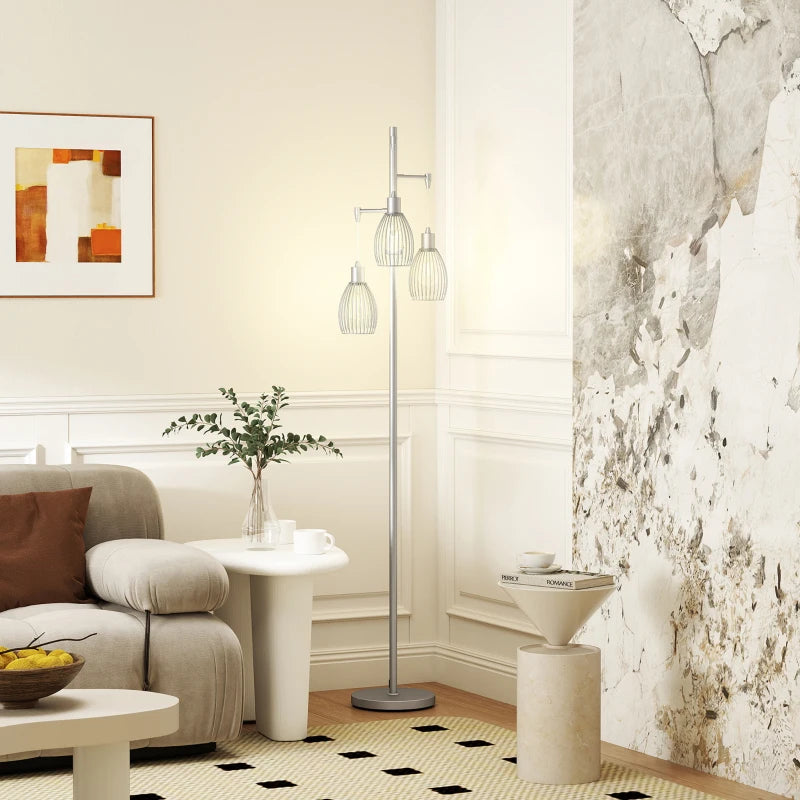Industrial Floor Lamp with 3 Hanging Wire Lampshades, Dimmable Standing Lamp for Living Room, Silver