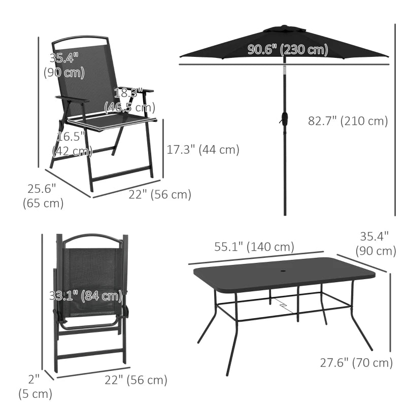 8 Piece Patio Set with Umbrella, 6 Folding Chairs, Rectangle Table, Outdoor Dining Set for 6 with Mesh Seat, Black
