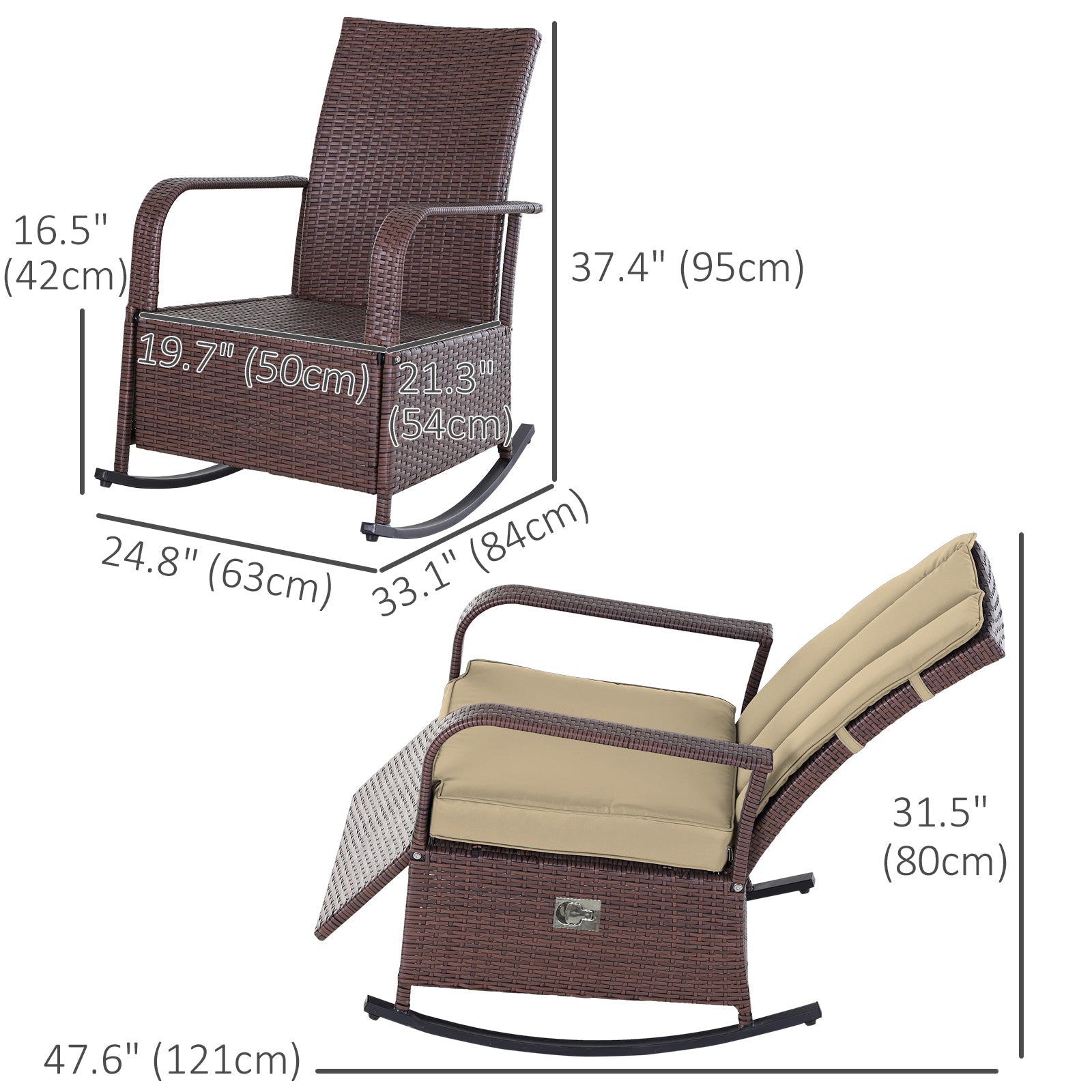 Outsunny Wicker Rocking Chair Outdoor Patio PE Rattan Recliner with Cushion Adjustable Footrest Khaki