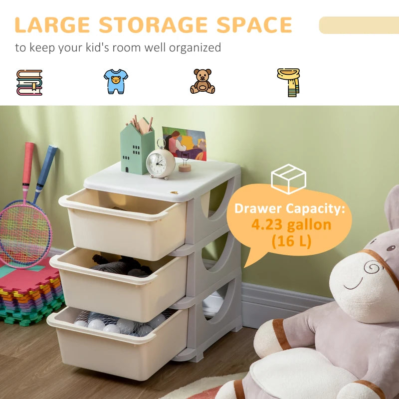 Qaba 3 Tier Kids Toy Organizer and Storage Bins with 3 Plastic Drawers, Cream White