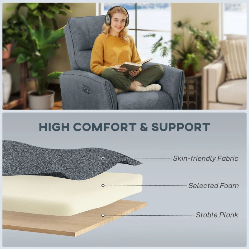 Power Recliner Chair, Fabric Upholstered Recliner Chair with USB Ports, Footrest, Charcoal Grey