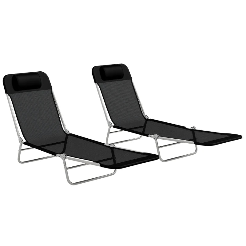Folding Outdoor Lounge Chair Set of 2, Reclining Tanning Chair with 5-Position Adjustable Backrest, Black