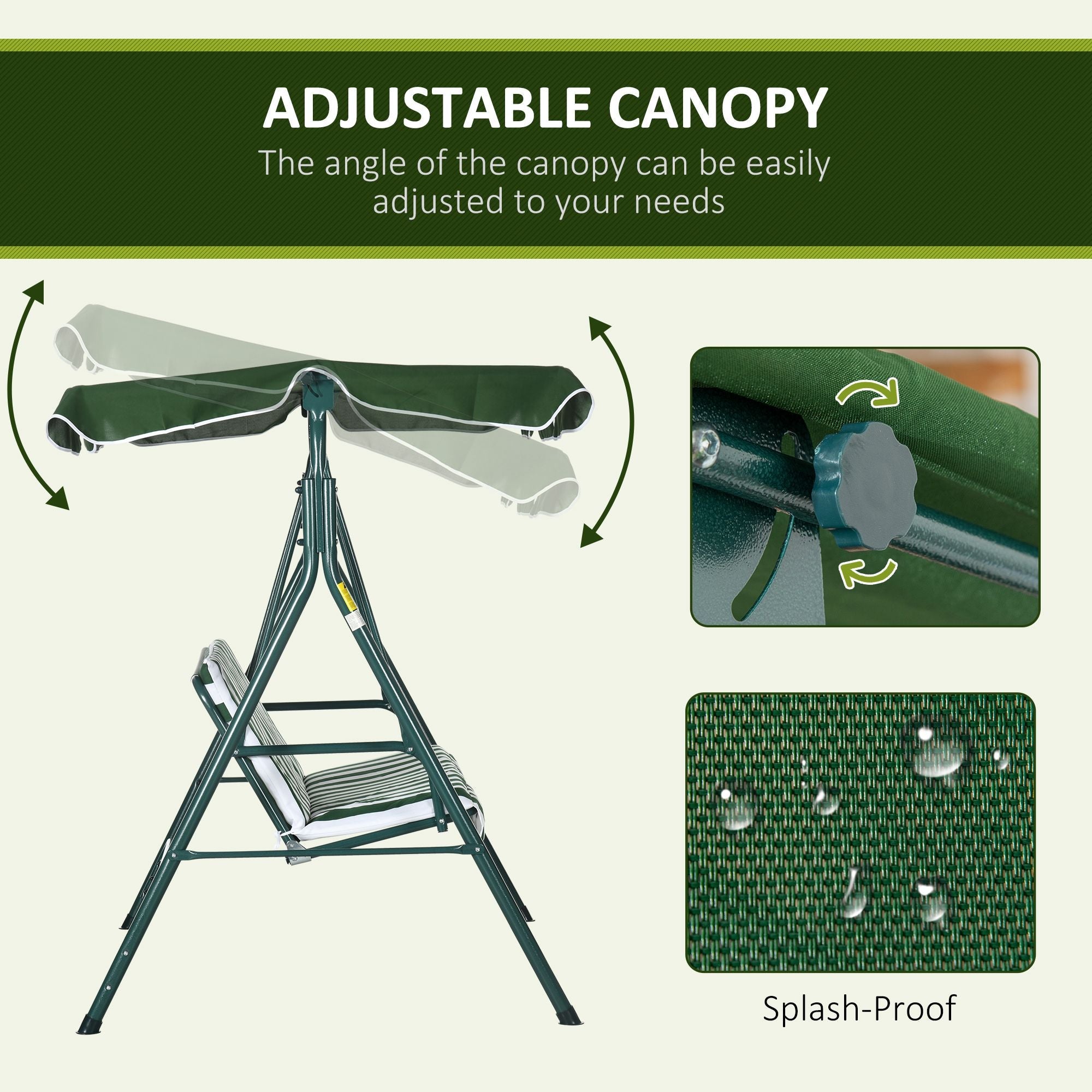 Outsunny 3-Seater Outdoor Porch Swing with Adjustable Canopy Patio Swing Chair for Garden Poolside Backyard Green and White