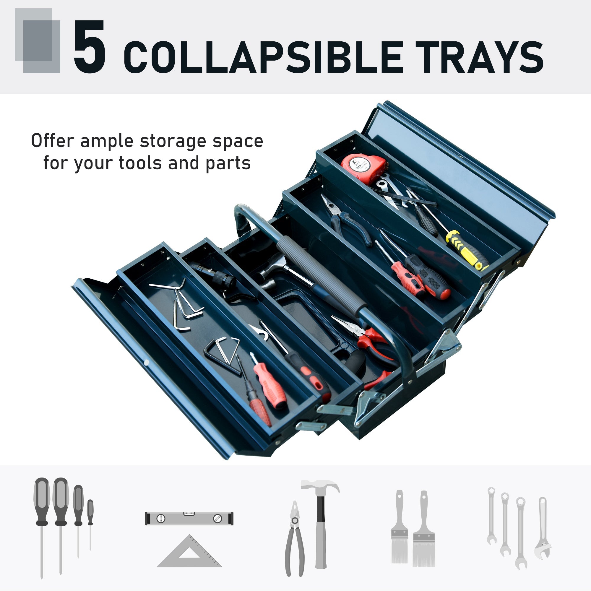 DURHAND Cantilever Toolbox: 5-Tray Portable Steel Tool Chest for Workshop & Garage Organization, Dark Green