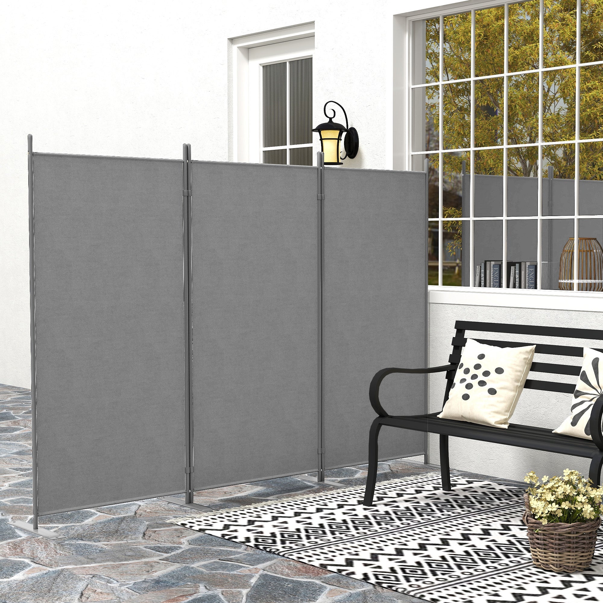 Outsunny 3 Panel Folding Outdoor Privacy Screen, 5.8FT Tall Room Divider with UV30+ Protection, Freestanding Privacy Panel Partition with Stable Base for Indoor Outdoor, Dark Grey