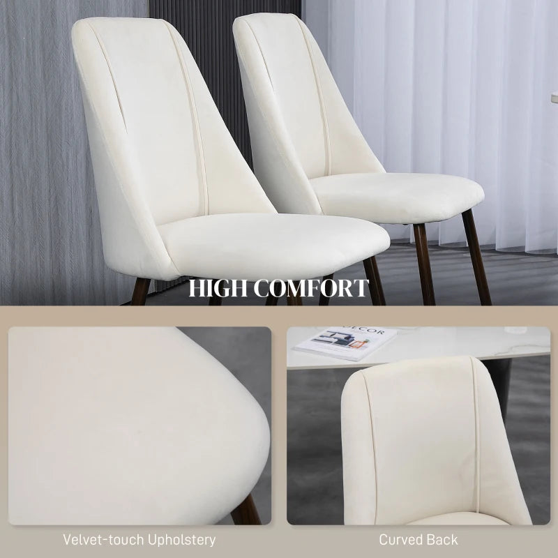 Upholstered Dining Chairs Set of 4, Velvet Accent Chair with Back and Wood-grain Steel Leg for Kitchen, Cream White