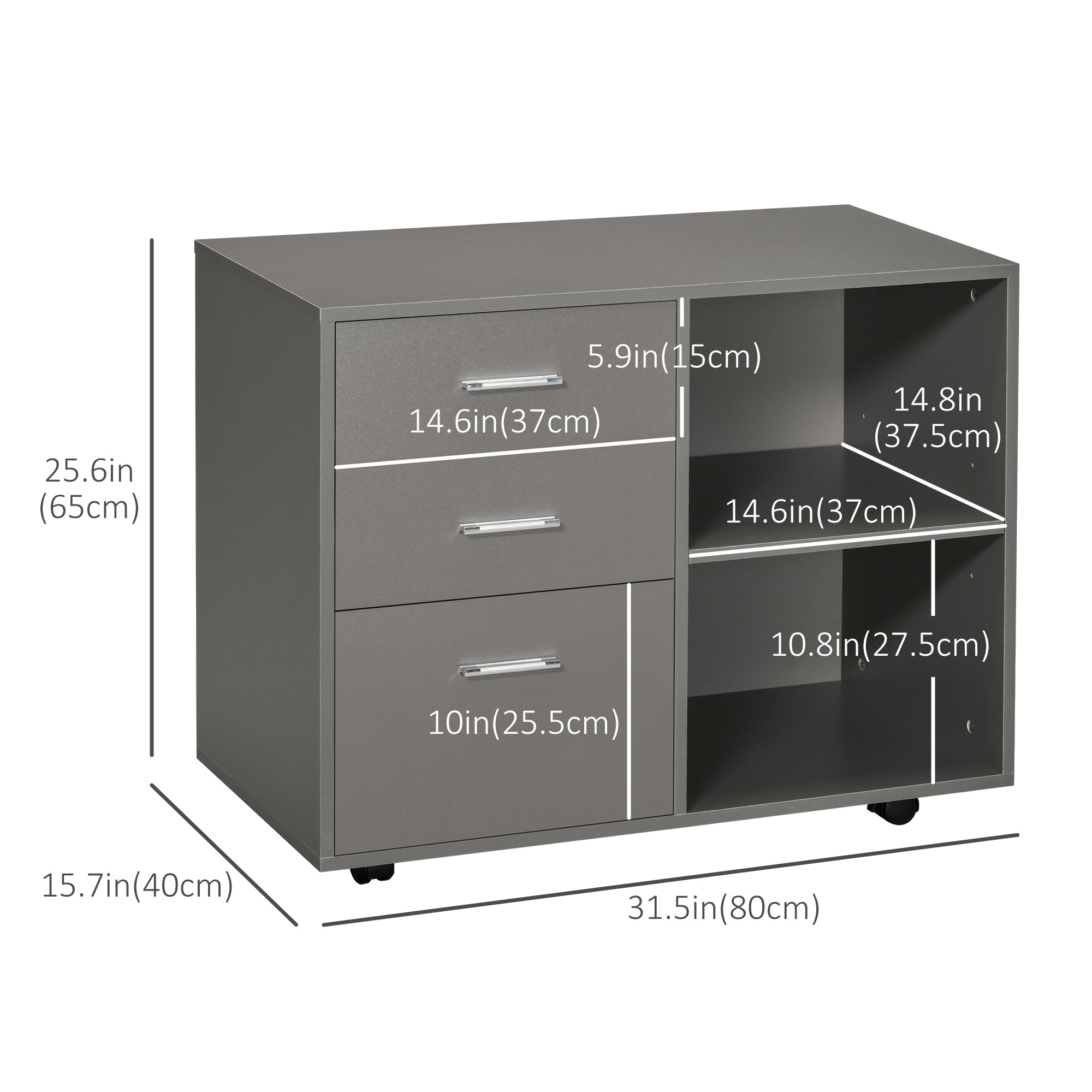 HOMCOM File Cabinet: 3 Drawers, Printer Stand, Open Shelves, Rolling Wheels, Grey, Office Storage