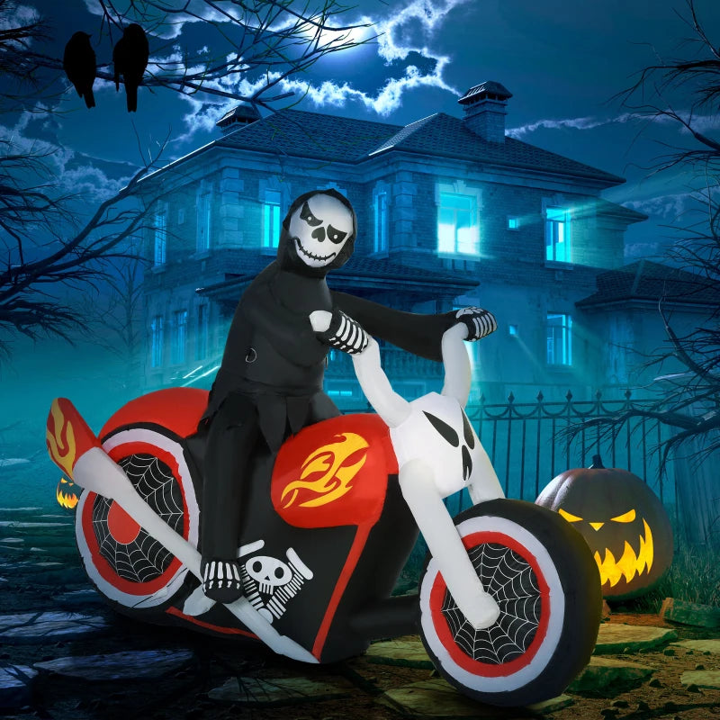 HOMCOM 6ft Inflatable Grim Reaper on Flaming Motorcycle – LED Lighted Halloween Outdoor Decoration