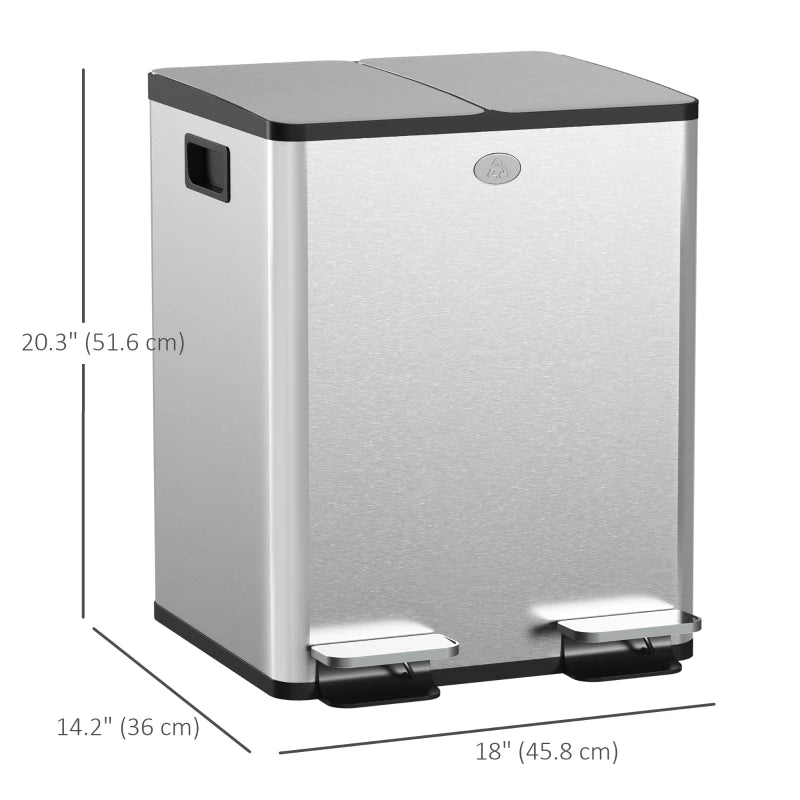 Dual Garbage Bin, Soft-Close Trash Can with Foot Pedal, 2 x 20 Liter Garbage Can with Removable Inner Buckets, Silver