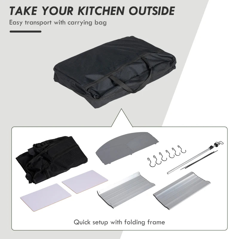 Camping Kitchen Table, Aluminum Folding Camping Table with Storage Organizer, Windshield, Light Stand, Bag, Silver