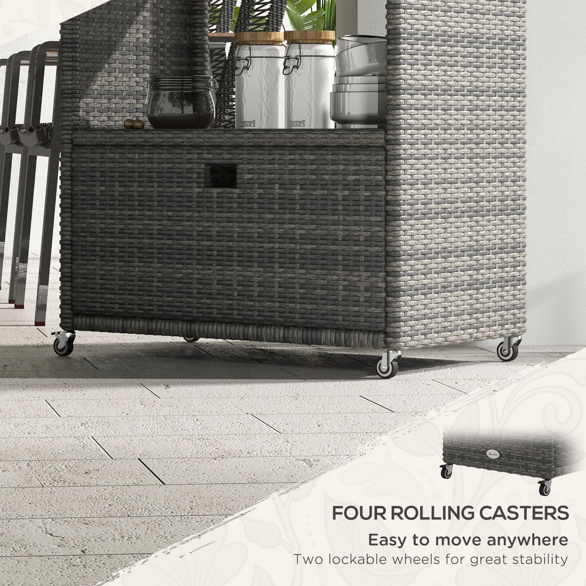 Outsunny Patio PE Wicker Garden Serving Cart 2-Tier Shelf Wheeled Rattan Food Cart with Handles for Poolside Grey