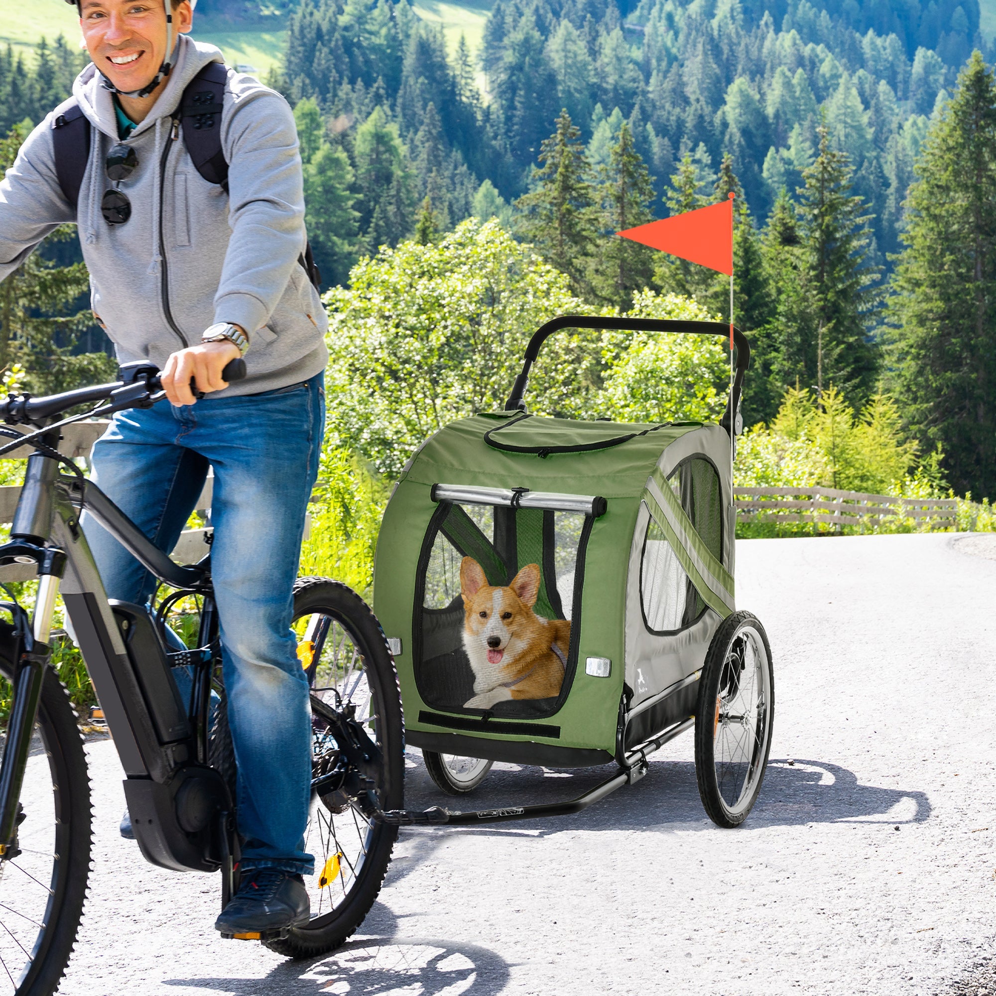 Aosom 2-in-1 Pet Adventure: Dog Bike Trailer Pet Stroller, Green Universal Wheel Reflectors Travel Carrier