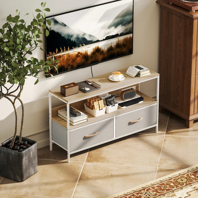 TV Stand with Charging Station, TV Table with 2 Foldable Linen Drawers and Open Shelf for 47 Inch TV, Oak