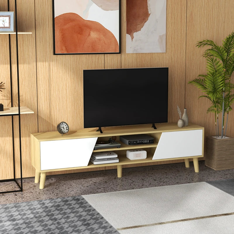 TV Stand for 65 Inch Television, Entertainment Center with Soft Closing Door and Rubberwood Legs, Oak and White