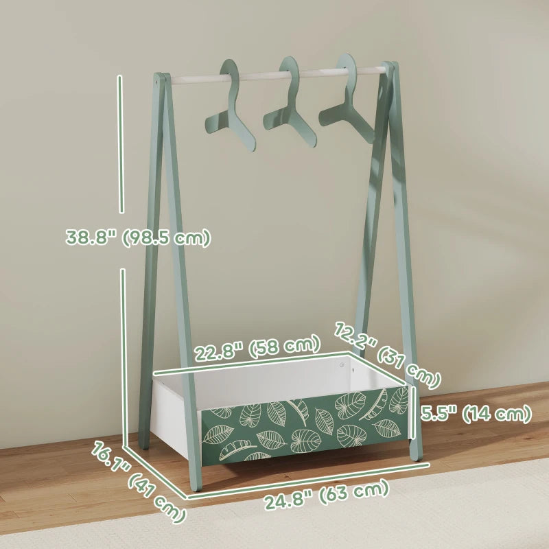 Qaba Kids Clothing Rack with Storage Shelf, Hangers, for Nursery Room, Living Room, Playroom, Green
