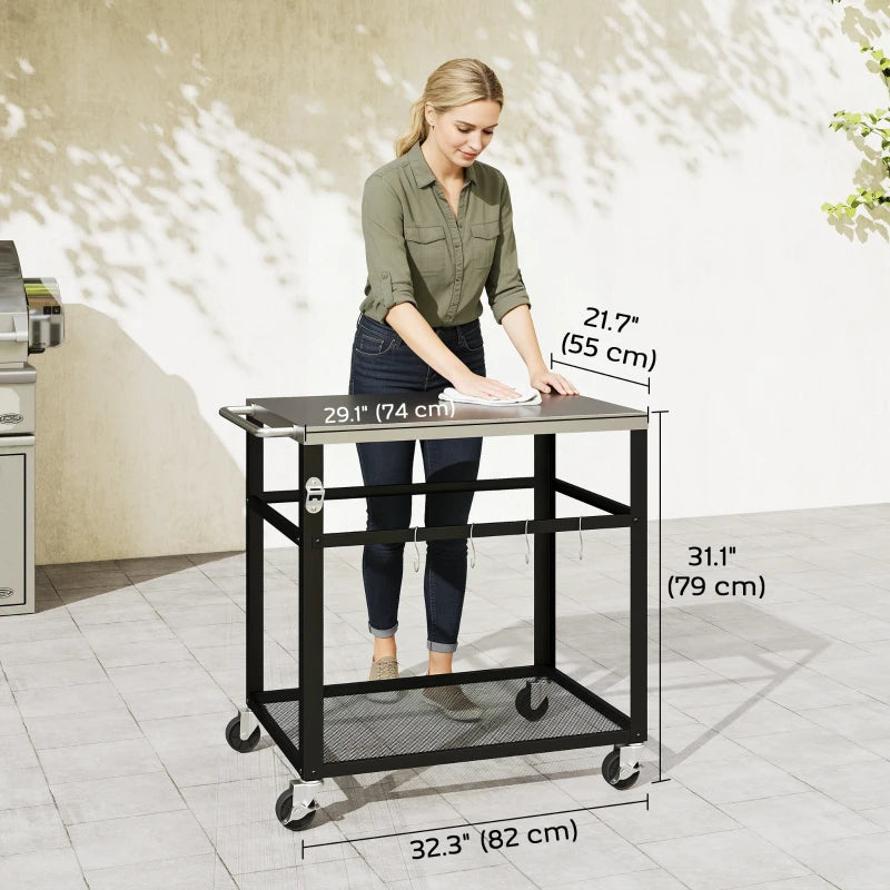 Outdoor Grill Cart with Stainless Steel Tabletop, 2-Tier Kitchen Prep Station with Hooks, Lockable Wheels, Black