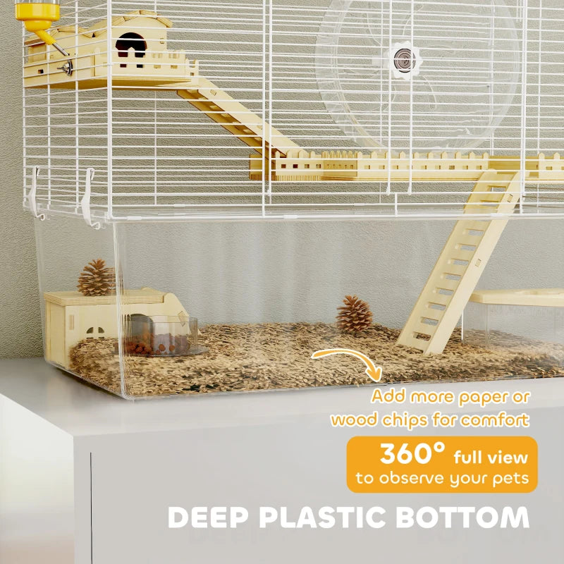 Hamster Cage with Deep Bottom, Wooden Ramp, Hut, Bathroom and Exercise Wheel for Hamster and Gerbil, White