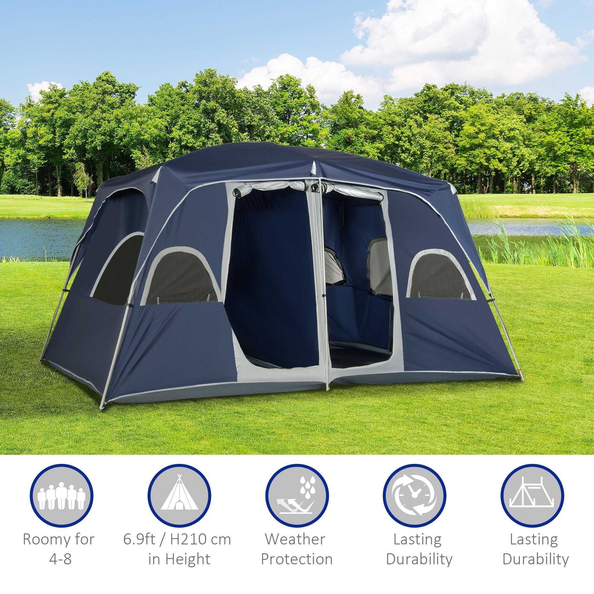Outsunny Camping Tent, Family Tent 4-8 Person 2 Room, with Large Mesh Windows, Easy Set Up 13'L x 9'W x 7'H, Blue
