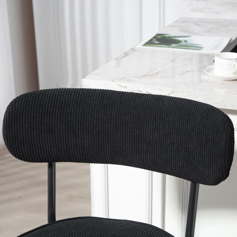 Set of 2 Barstools, Upholstered Corduroy Bar Stools with Backrest, Footrest for Kitchen Island, Dining Room, Black